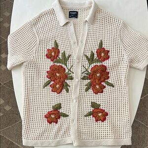 Abercrombie & Fitch Men's Floral Knit Short Sleeve Button Down Shirt Cream Large